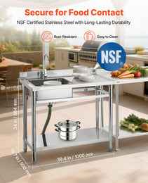 39" Stainless Steel Utility Sink Station – NSF-Certified Commercial Single Bowl with Workstation & Adjustable Storage