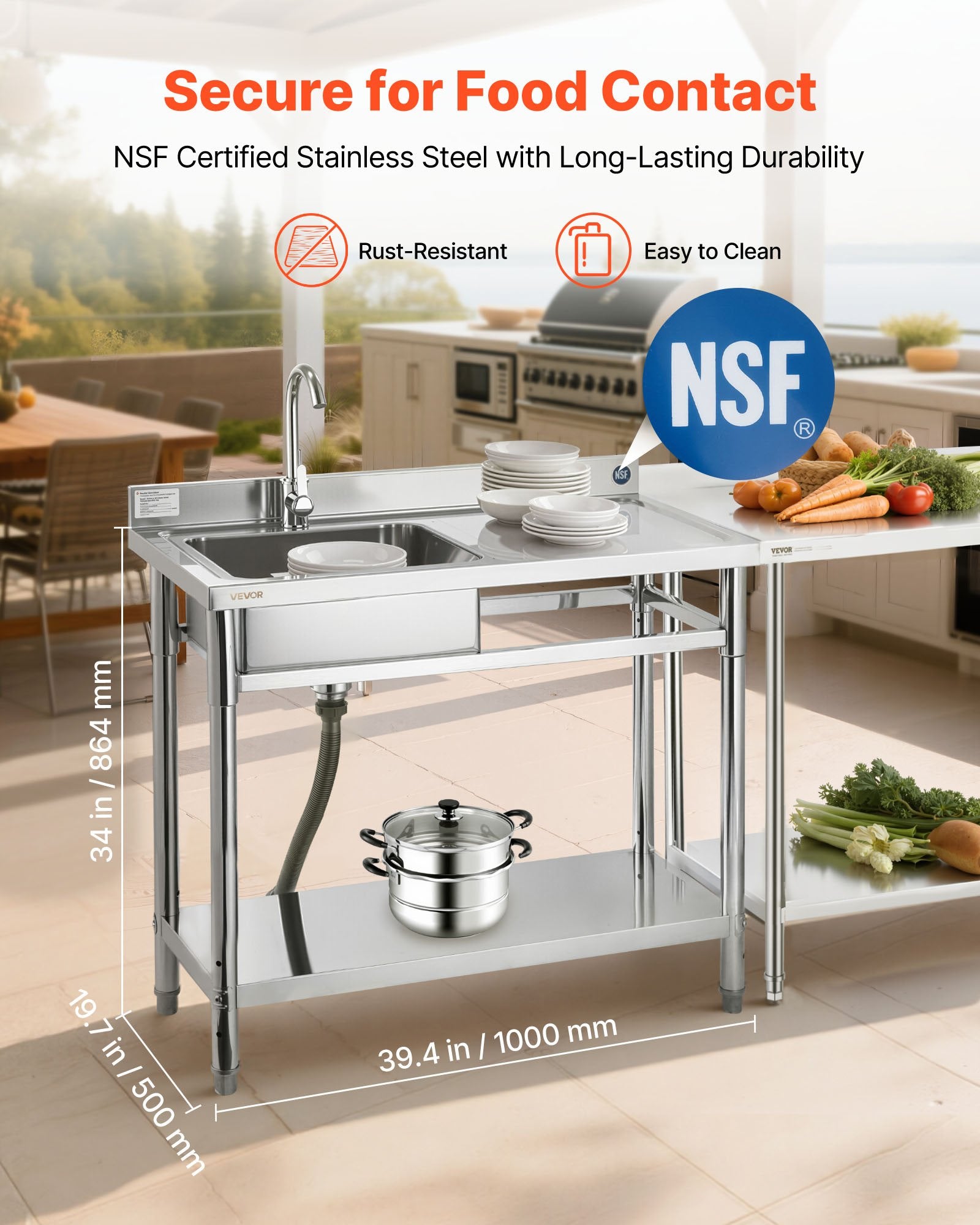 39" Stainless Steel Utility Sink Station – NSF-Certified Commercial Single Bowl with Workstation & Adjustable Storage