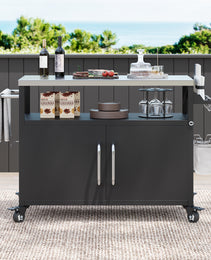 K&K 54.5  Outdoor Kitchen Island With Stainless Steel Tabletop, Metal Grill Cart Table With Storage Cabinet, Spice Rack And Towel Rack, Outdoor Bar Cart With 4 Lockable Wheels For Outside BBQ