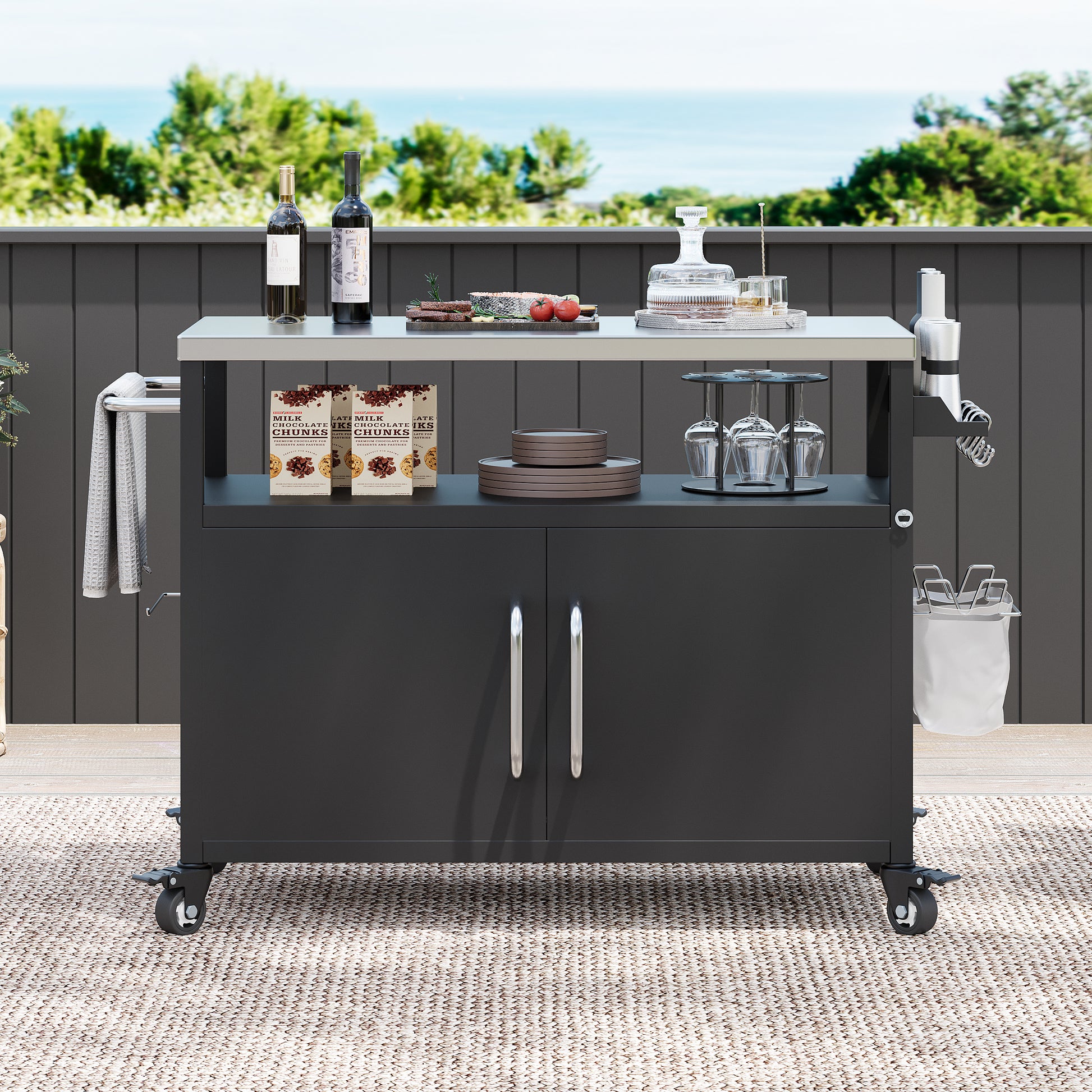 K&K 54.5  Outdoor Kitchen Island With Stainless Steel Tabletop, Metal Grill Cart Table With Storage Cabinet, Spice Rack And Towel Rack, Outdoor Bar Cart With 4 Lockable Wheels For Outside BBQ