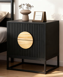 Modern Mid Century Fluted Nightstand With 2 Drawers And Pine Wood Handles For Bedroom