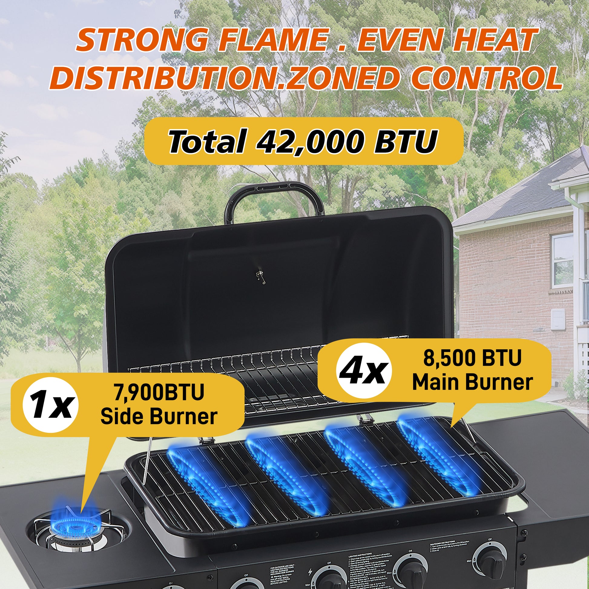4 Burner BBQ Propane Gas Grill With Side Burner 42000 BTU Output Stainless Steel Barbecue Grill With Enamel-Coated Grates And Side Tables For Outdoor Cooking Kitchen And Patio Backyard.