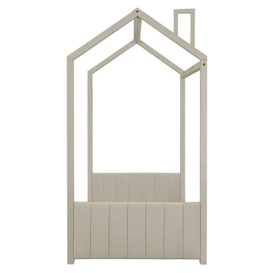 Twin Size Velvet House Bed Wood Bed, Beige