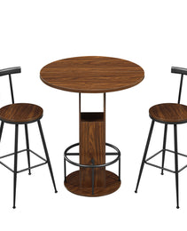 3-Piece Bar Table And Stool Set 31.5-inch Round Bar Table With Two Stools Compact Wooden Dining Bar With Metal Ring Footrest Ideal For Restaurants, Cafes, Bars, Living Rooms, And Small Spaces,Walnut