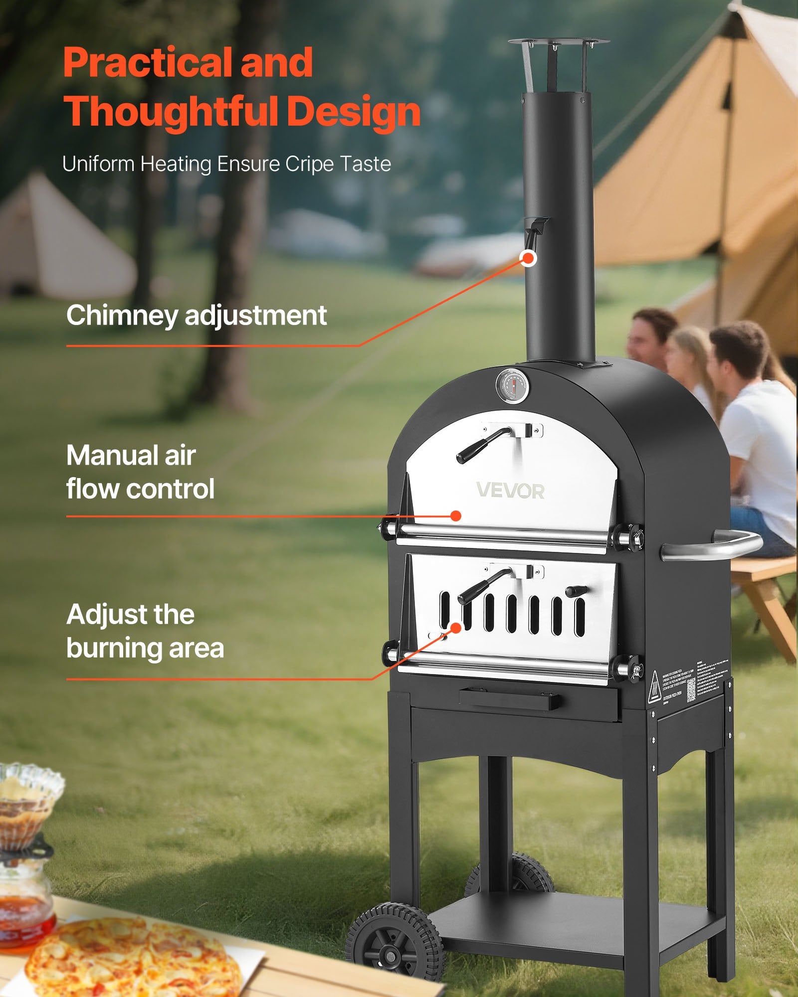 Mobile Wood-Fired Outdoor Pizza Oven – 1000°F Dual-Tier Baker with All-Terrain Wheels & Ash Drawer