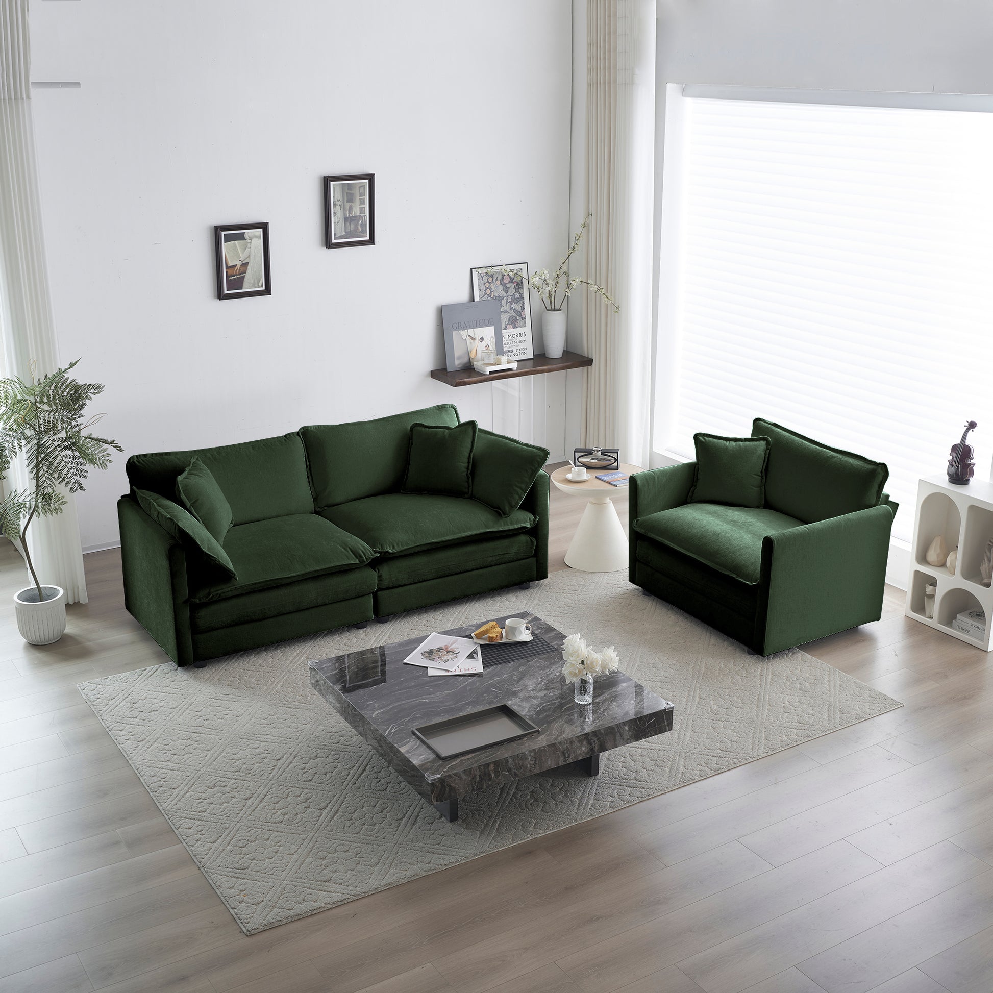 3 Piece Sofa Set With Arm Pillows And Toss Pillows , Sofa Set Include 2- Piece Of Arm Chair And One 2-seat Sofa, Space Saving Casual Sofa Set For Living Room, Green Chenille