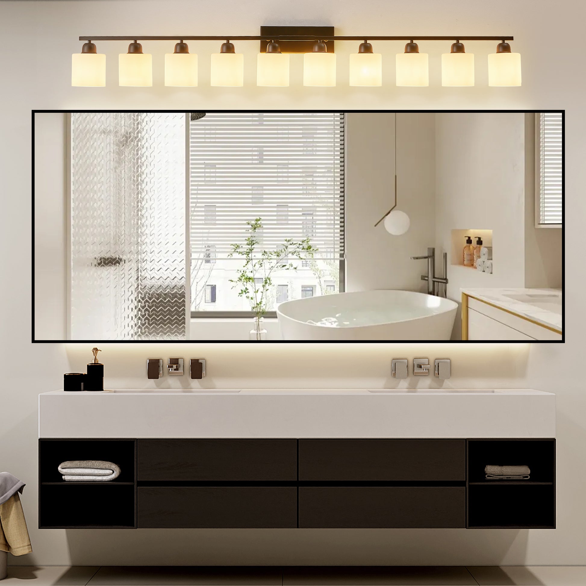 10 Light Bathroom Vanity Lights Over Mirror, 65.4 Inch Black Vanity Lights Fixtures With White Glass Shades Matte Black Modern Vanity Lights Black Bathroom Wall Lighting For Mirror Bedroom