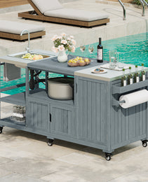K&K 75.4  Outdoor Kitchen Island With Sink, Solid Wood Outdoor Grill Cart For XL Green Egg Grills, Rolling Outdoor Bar Cart With Stainless Steel Top, For Pizza Prep & BBQ, Grey Blue