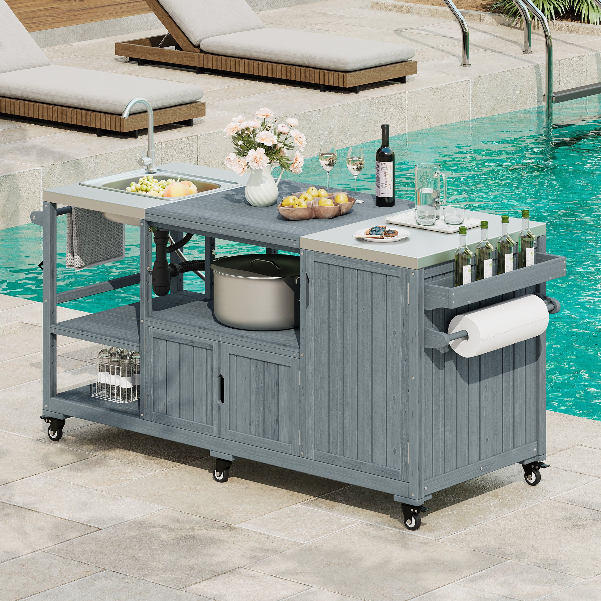 K&K 75.4  Outdoor Kitchen Island With Sink, Solid Wood Outdoor Grill Cart For XL Green Egg Grills, Rolling Outdoor Bar Cart With Stainless Steel Top, For Pizza Prep & BBQ, Grey Blue