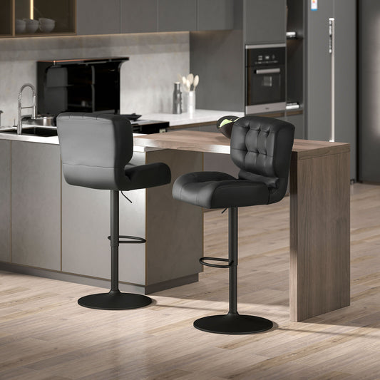 Bar Height Bar Stools Set Of 2 With Adjustable Seat, Adjustable Swivel Barstools With Thick Padded Cushion And Metal Footrest For Home Bar, Black