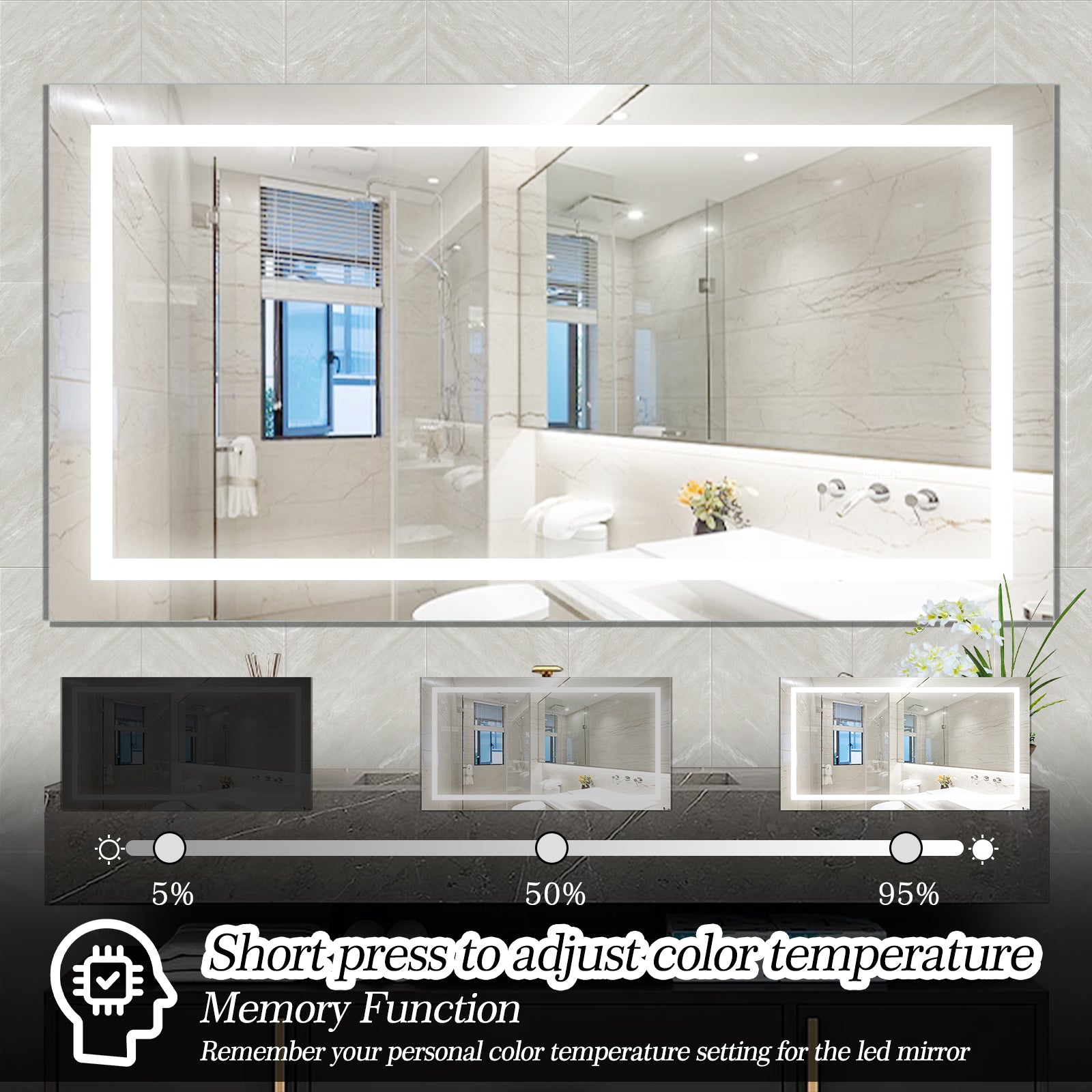 60  X 32  LED Bathroom Mirror With Anti-Fog And Touch Sensor - Modern Frameless Lighted Wall Mirror For Bathroom Vanity, Shower Room, Or Dressing Area