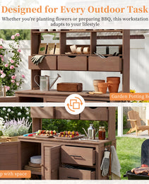 With Assembly Video  TOPMAx Farmhouse Patio Potting Bench  44.6 X19.5  Large Freestanding Garden Workstation With 6 Drawers  Bottom Cabinet And Side Hook  Outdoor Kitchen Island  Brown