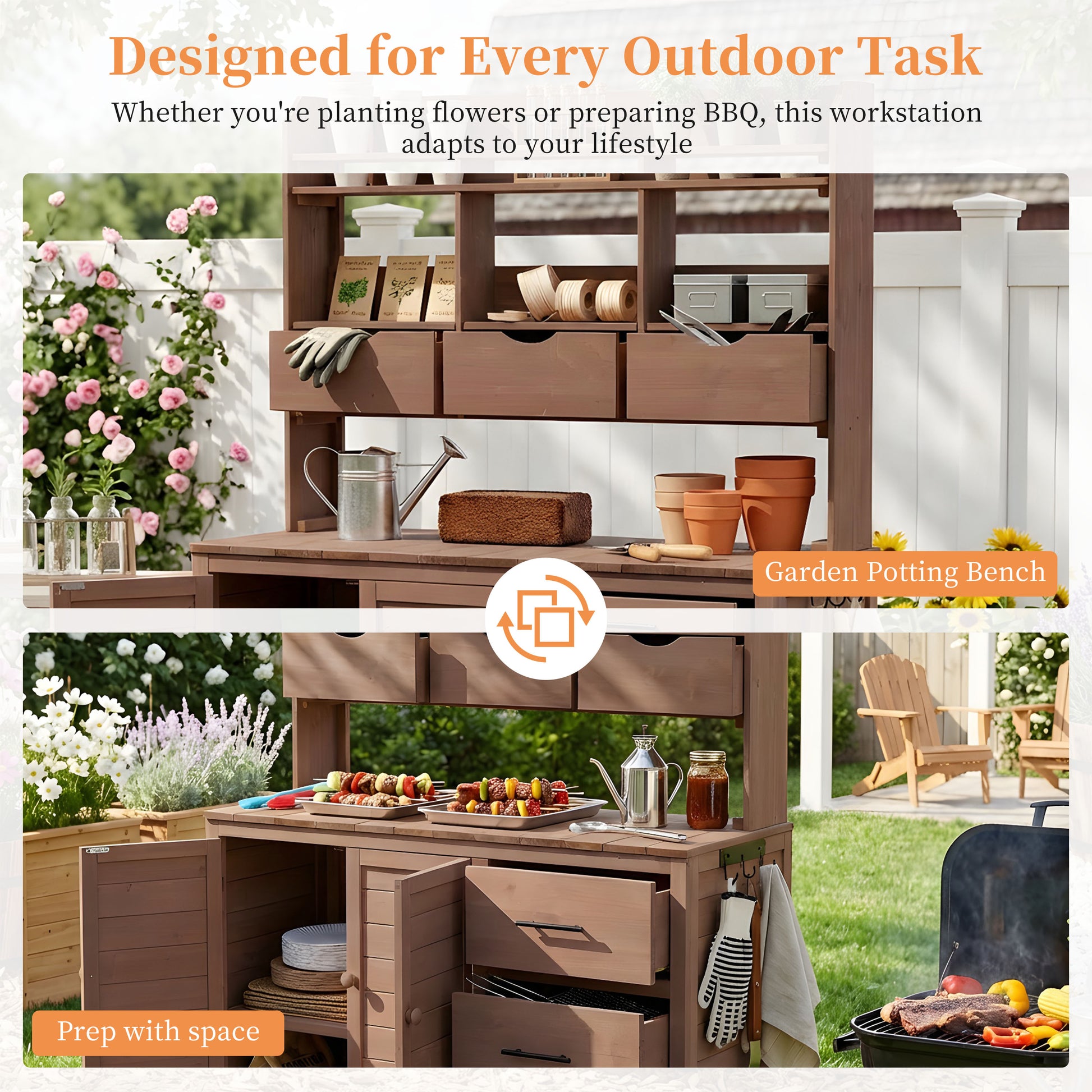 With Assembly Video  TOPMAx Farmhouse Patio Potting Bench  44.6 X19.5  Large Freestanding Garden Workstation With 6 Drawers  Bottom Cabinet And Side Hook  Outdoor Kitchen Island  Brown