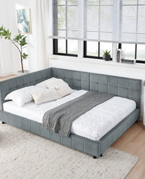 Full Size Upholstered Tufted Bed Frame, Sofa Bed Frame With Comfortable Backrest And Armrests, Full Size Bed For Bedroom, Living Room,Velvet, Grey 80.5x59x30.5