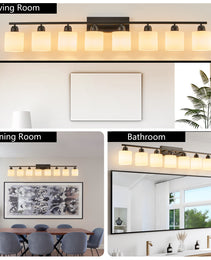 8-Light Bathroom Light Fixtures Over Mirror, 52inch Modern Matte Black Vanity Lights With White Frosted Glass Shade, Bathroom Wall Lamp Sconces For Mirror Bedroom, Living Room Hallway