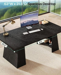 63-Inch Executive Desk, Modern Large Office Computer Desk With Double Pedestal And Storage Shelves, Simple Writing Conference Table