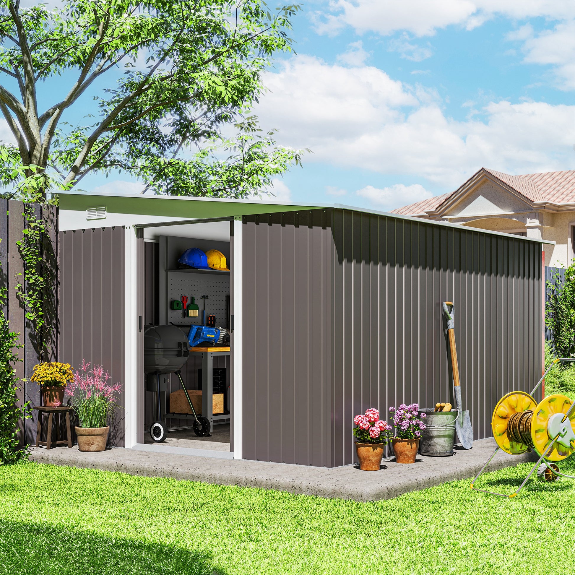 11' x 9' Metal Outdoor Storage Shed, Tool House with Double Lockable Doors for Backyard, Patio, Lawn, Garage, Gray
