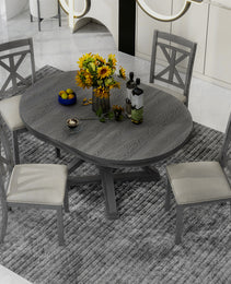 TREXM 5-Piece Retro Functional Dining Table Set Extendable Round Table And 4 Upholstered Chairs For Dining Room And Living Room Grey