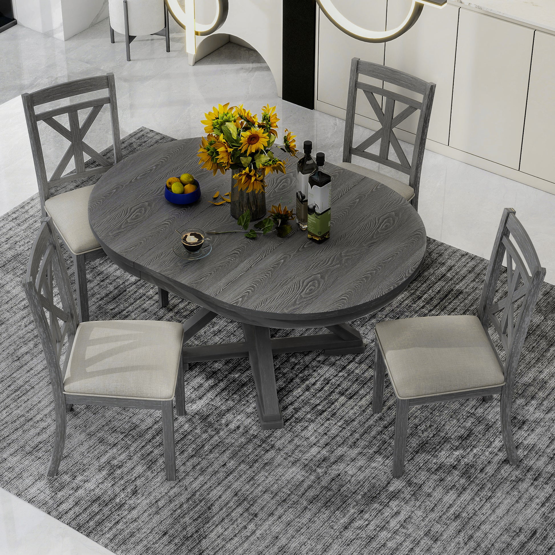 TREXM 5-Piece Retro Functional Dining Table Set Extendable Round Table And 4 Upholstered Chairs For Dining Room And Living Room Grey