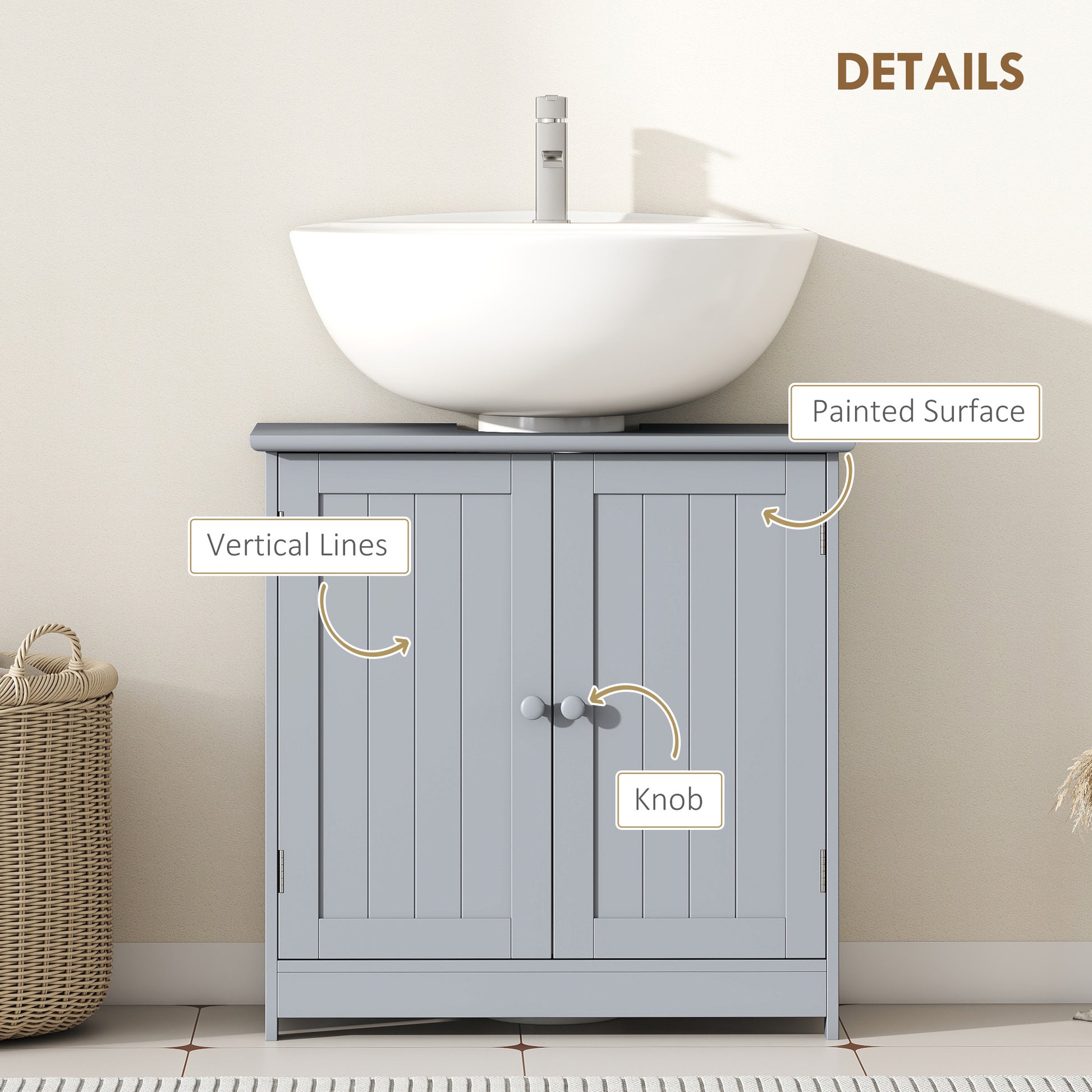 Under Sink Bathroom Cabinet, Pedestal Sink Storage Cabinet with 2 Doors, Shelf and U-Shape, Gray