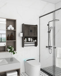 Bathroom Wall Cabinet With Doors,Adjustable Shelf,Towel Bar And Paper Holder, Over The Toilet Storage Cabinet, Medicine Cabinet For Bathroom-Grey