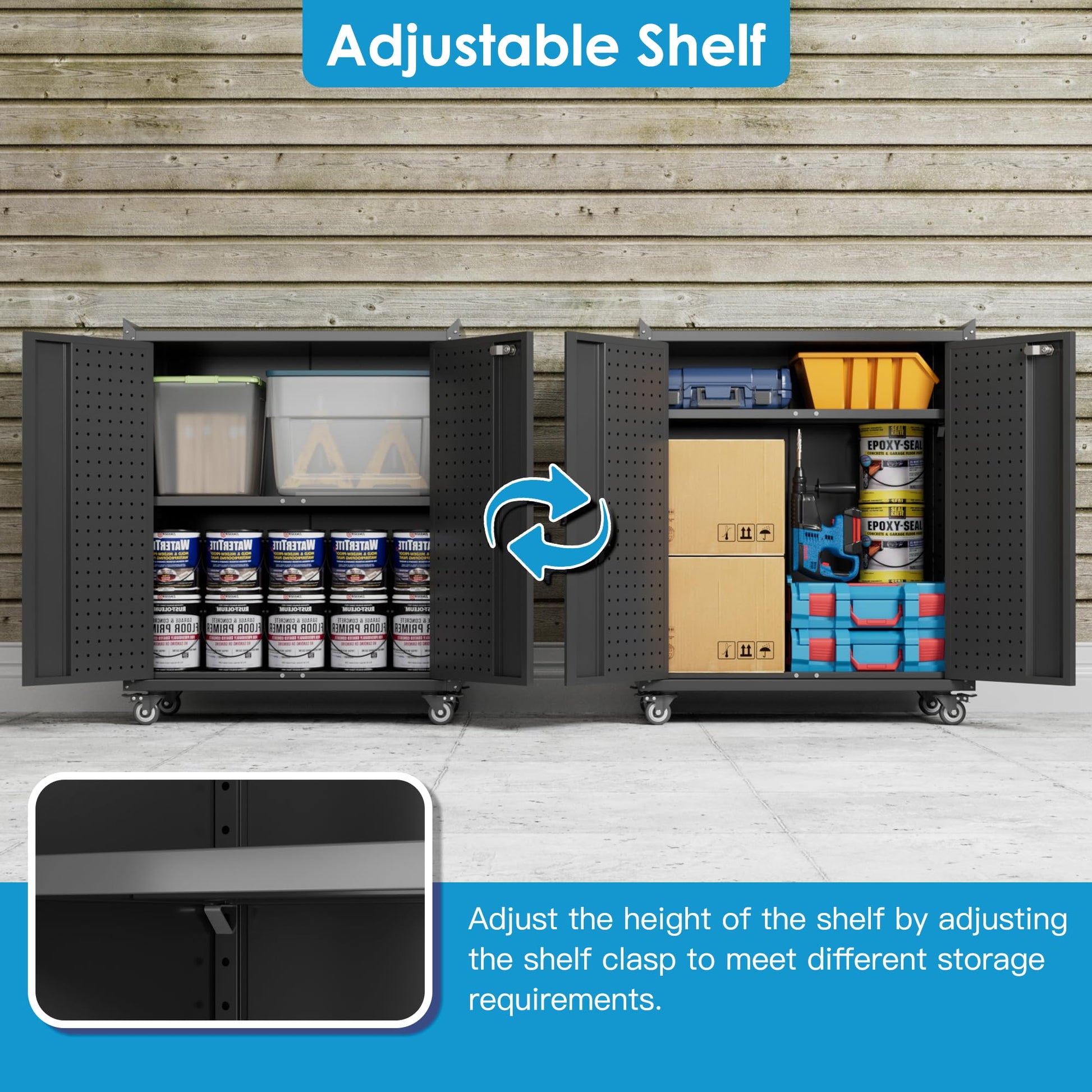 SUXXAN Metal Storage Cabinet With Wheels, Rolling Storage Cabinet With 2 Doors And Adjustable Shelves, Pegboard And 4 Hooks, Suitable For Garage, Home, Office, School, Black