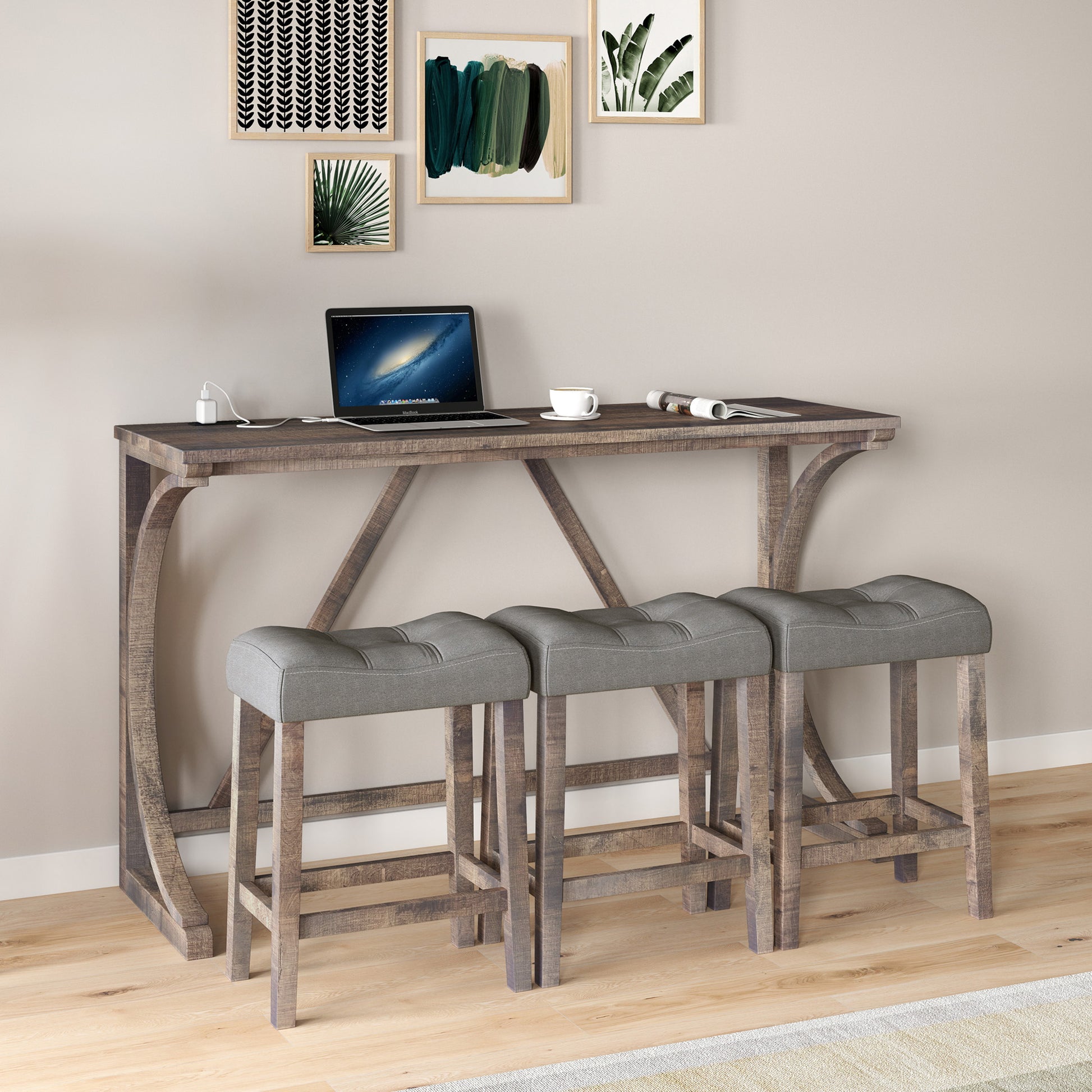 Bar Table Set With Power Outlet, Bar Table And Chairs Set, 4 Piece Dining Table Set, Industrial Breakfast Table Set, For Living Room, Dining Room, Game Room