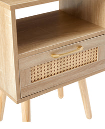 Rattan End Table With Drawer Solid Wood Legs Modern Nightstand Side Table