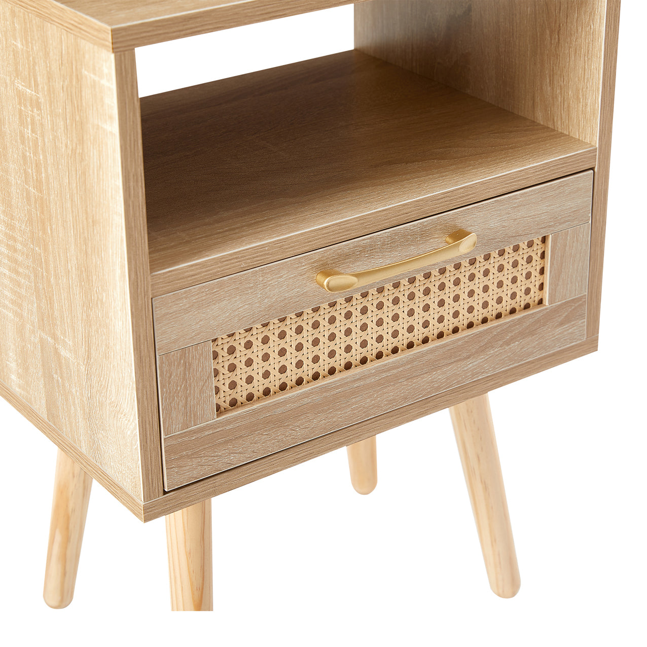 Rattan End Table With Drawer Solid Wood Legs Modern Nightstand Side Table