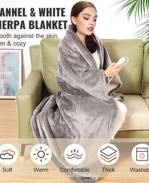 Heated Blanket Electric Throw, 50" X 60" Twin Size, Soft Flannel & Sherpa Heating Blanket With 3 Hours Timer Auto-off, 5 Heating Levels For Sofa, Machine Washable, ETL & FCC Certification (Grey)