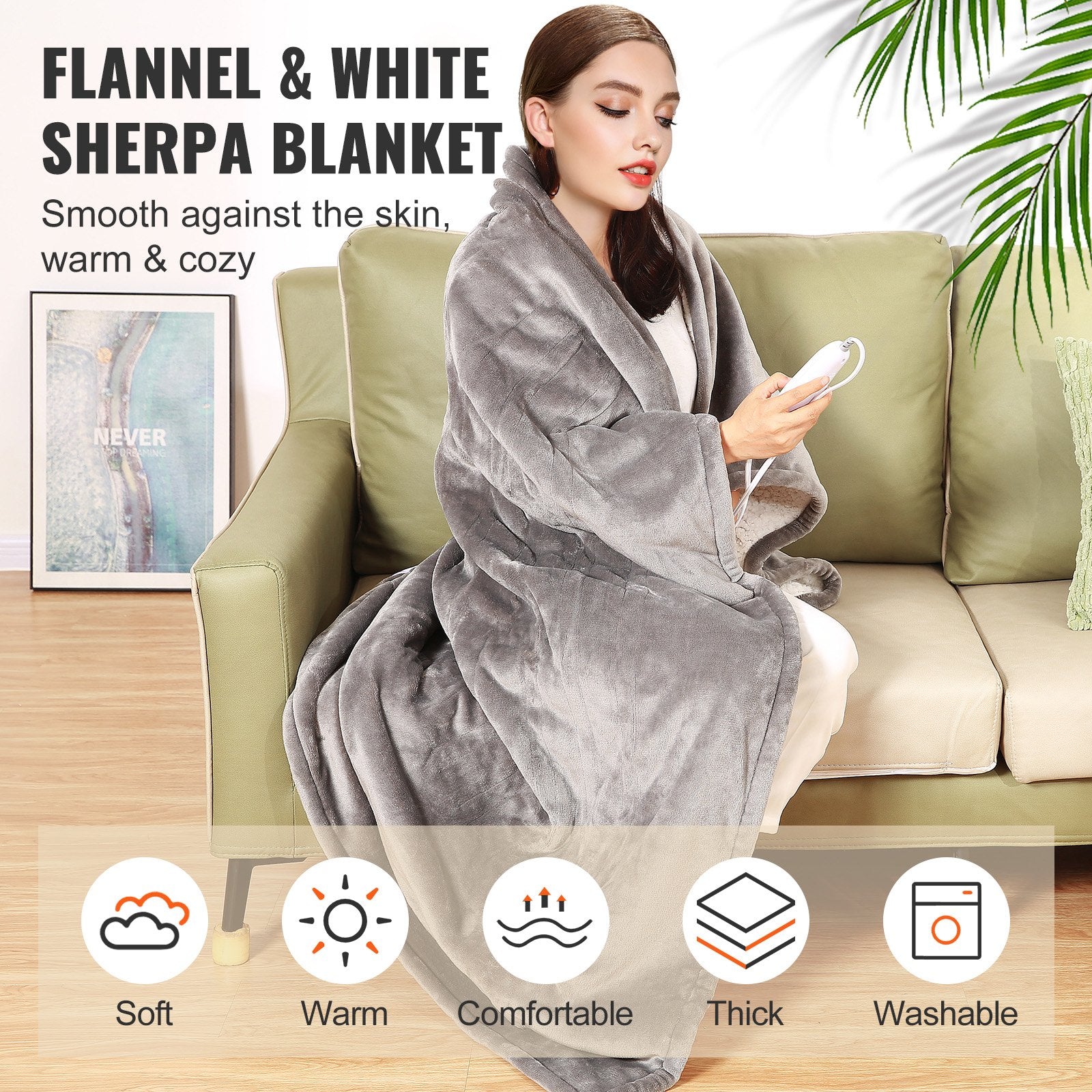Heated Blanket Electric Throw, 50" X 60" Twin Size, Soft Flannel & Sherpa Heating Blanket With 3 Hours Timer Auto-off, 5 Heating Levels For Sofa, Machine Washable, ETL & FCC Certification (Grey)