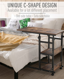 Mobile Nightstand Adjustable 3-Tier C-Shaped Side Table With Casters