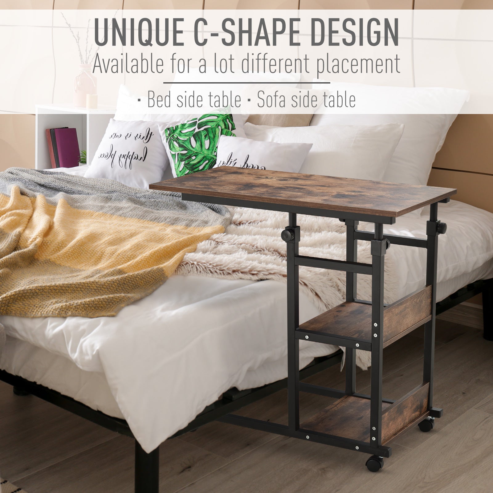 Mobile Nightstand Adjustable 3-Tier C-Shaped Side Table With Casters