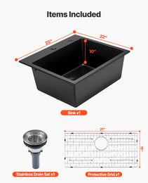 25 Inch Granite Kitchen Sink Top Mount Single Bowl Drop-In Basin For RV Bar