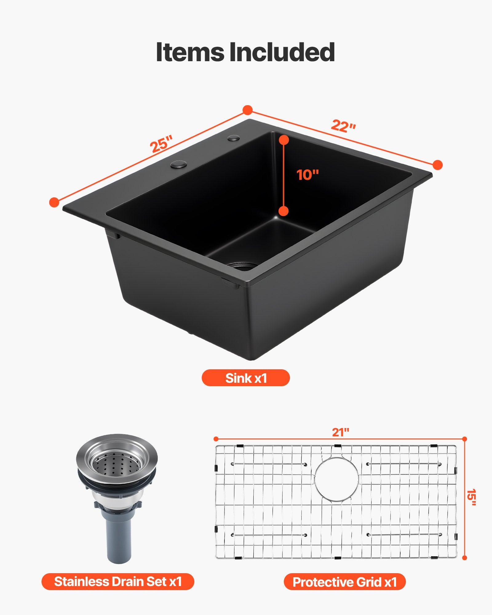25 Inch Granite Kitchen Sink Top Mount Single Bowl Drop-In Basin For RV Bar