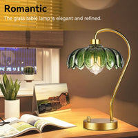 Flower Table Lamp for Bedroom Living Room,Small Gold Bedside Lamps Dimmable Boho Bedroom Lamp with Glass Green Lamp Shade,Vintage Mid Century Modern Mini Nightstand Lamp