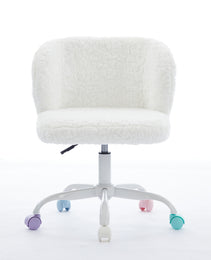 A&A Furniture Office Chair,Artificial Rabbit Hair Home Office Chair With Metal Base,Adjustable Desk Chair Swivel Office Chair,Vanity Chair  Ivory