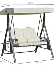 2-Person Patio Swing Bench with Adjustable Shade Canopy, Soft Cushions, Throw Pillows and Tray, Beige.
