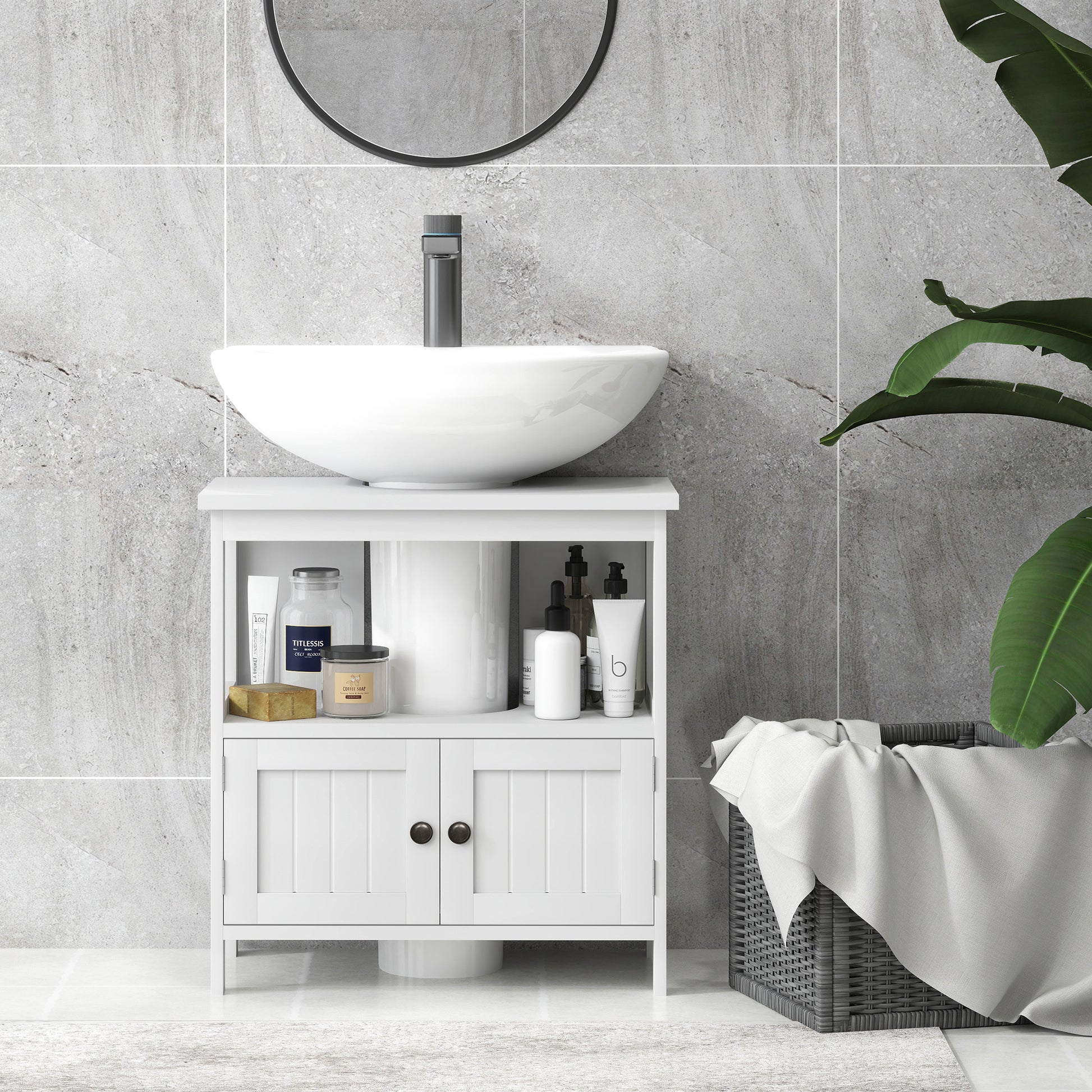 Pedestal Sink Storage Cabinet, Bathroom Under Sink Cabinet with 2 Doors and Open Shelf, Bathroom Vanity, White