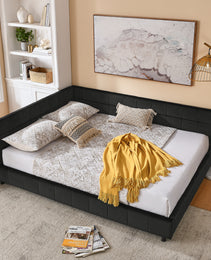 Queen Size Upholstered Tufted Bed Frame, Sofa Bed Frame With Comfortable Backrest And Armrests, Queen Size Bed For Bedroom, Living Room,Velvet, BLACK 85.5x64.5x30.5