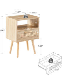 Rattan End Table With Drawer Solid Wood Legs Modern Nightstand Side Table