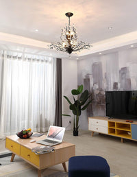 8-Light Black Crystal Chandelier, Vintage Pendant Light Fixture