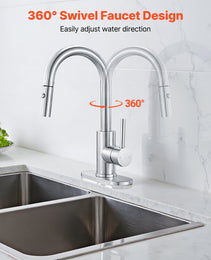 Single Handle Sink Faucet, Brushed Nickel Kitchen Faucet With Pull Down Sprayer, Suitable For Bathroom, RV, Bar Sink, Public Restroom, Stream & Spray Dual Water Flow Modes, Leak-Proof Valve