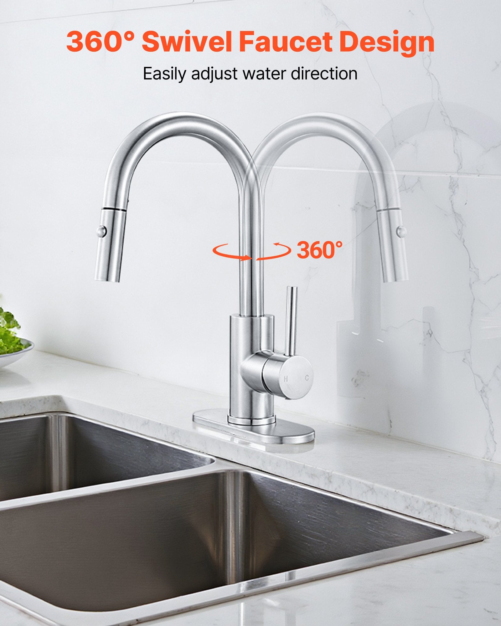 Single Handle Sink Faucet, Brushed Nickel Kitchen Faucet With Pull Down Sprayer, Suitable For Bathroom, RV, Bar Sink, Public Restroom, Stream & Spray Dual Water Flow Modes, Leak-Proof Valve