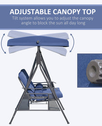 2-Person Patio Swing Bench with Adjustable Shade Canopy, Soft Cushions, Throw Pillows and Tray, Dark Blue
