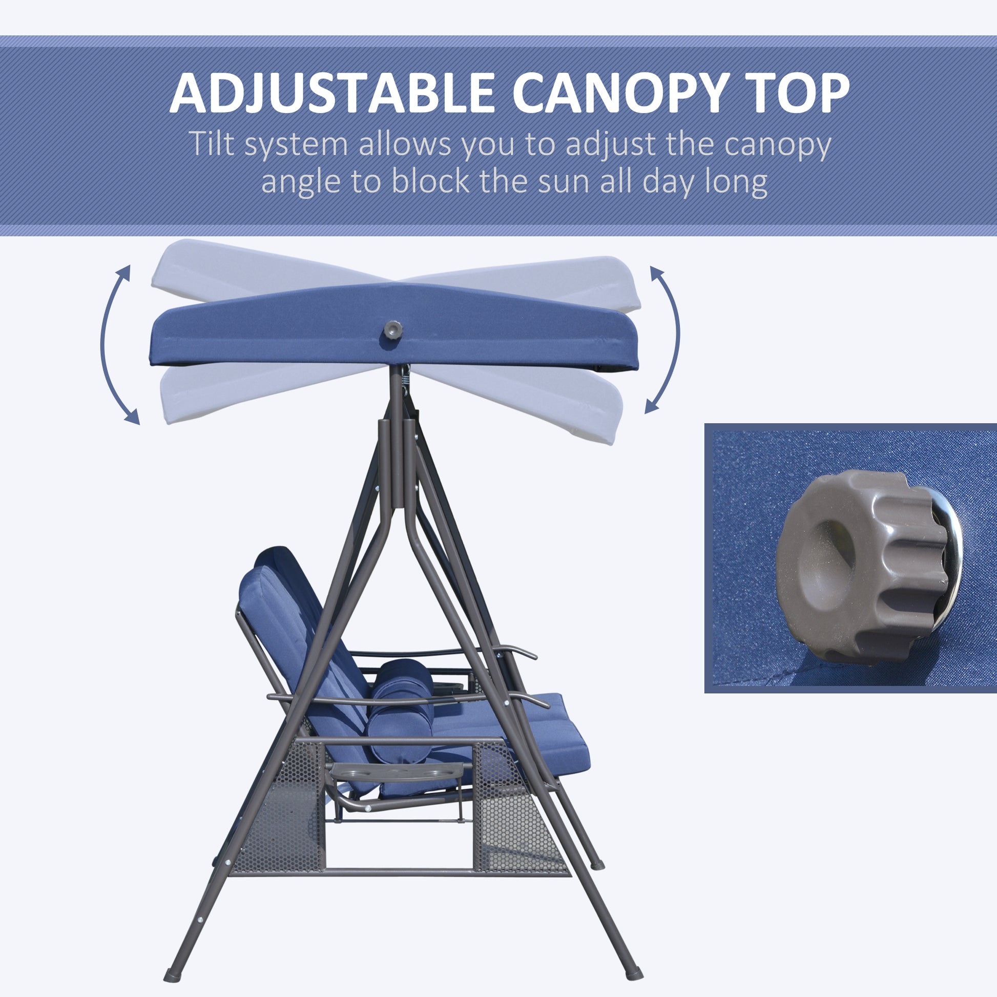 2-Person Patio Swing Bench with Adjustable Shade Canopy, Soft Cushions, Throw Pillows and Tray, Dark Blue