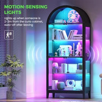 Arched Glass Display Cabinet for Living Room, Tempered Glass Metal, Black, RGB LED Lighting Adjustable Shelves