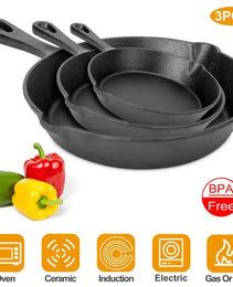3Pcs Pre-Seasoned Cast Iron Skillet Set 6-8-10in Non-Stick Oven Safe Cookware Heat-Resistant Frying Pan