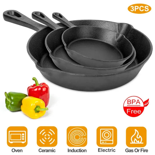 3Pcs Pre-Seasoned Cast Iron Skillet Set 6-8-10in Non-Stick Oven Safe Cookware Heat-Resistant Frying Pan