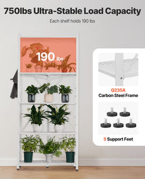 5-Tier Foldable Storage Shelf, 32W X 14D X 72H Inch Folding Metal Rack Shelving Unit, No Assembly Organizer Shelf With 5 Wheels & 4 Hooks For Pantry, Kitchen, Garage, Basement, White